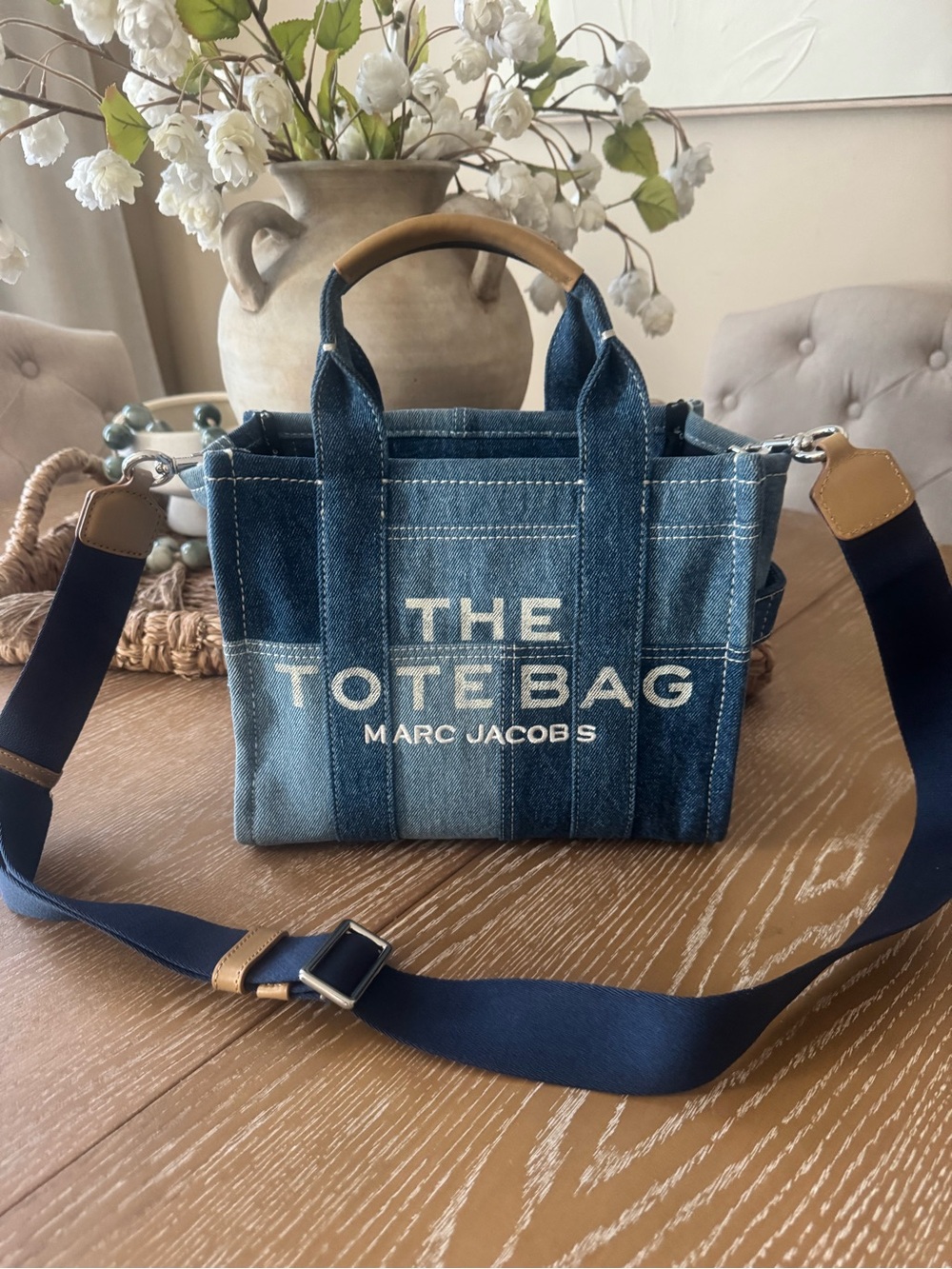 Marc Jacobs Denim 'The Tote Bag' small Messenger in Blue with Tan Accents